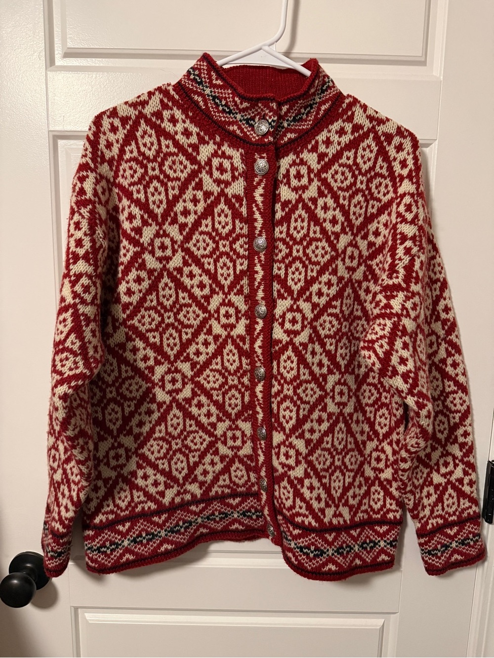 Vintage L.L. Bean Red and Cream Nordic Pattern Women's Cardigan Sweater, Wool